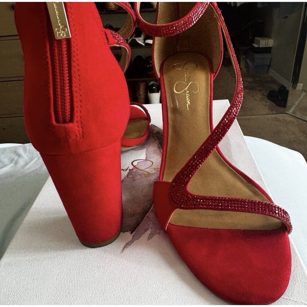 Jessica Simpson Red Rhinestone Strappy Block Heel Sandals Microsuede Size 10